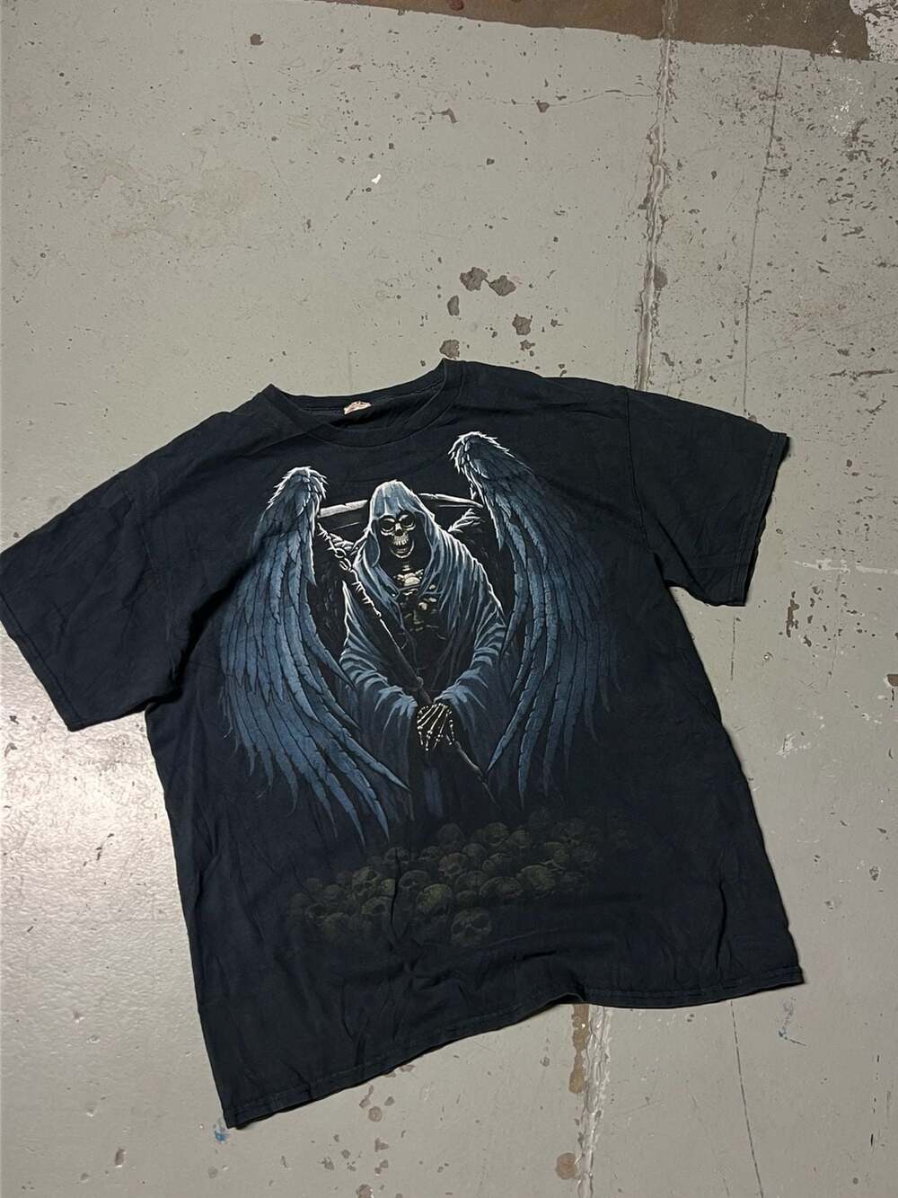 Gildan Grim Reaper Skull Wings T-Shirt Size L Black Goth Grunge
